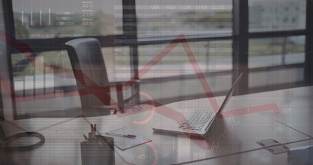 Image of stock market data processing against office desk