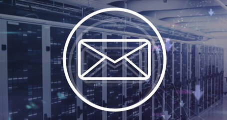 Image of message icon and mosaic squares against computer server room