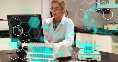 Image of codes, brain, molecule structure over caucasian female scientist using computer