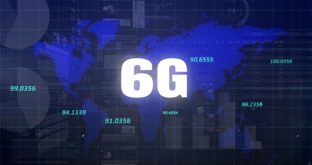 Image of 6g text with graphs and numbers over digital map