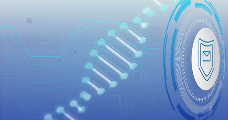 Image of dna helix, envelope in shield and loading circles over lines against blue background