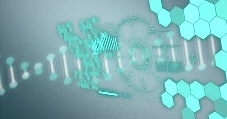 Image of dna helix, loading circles, bar, graph and hexagon pattern over abstract background