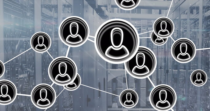 Image of network of profile icons and microprocessor connections against computer server room - Powered by Adobe