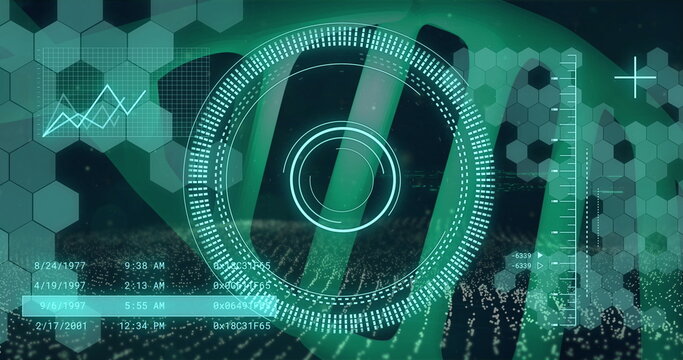 Image of loading circles, graphs, changing numbers over dna helix and hexagon pattern - Powered by Adobe