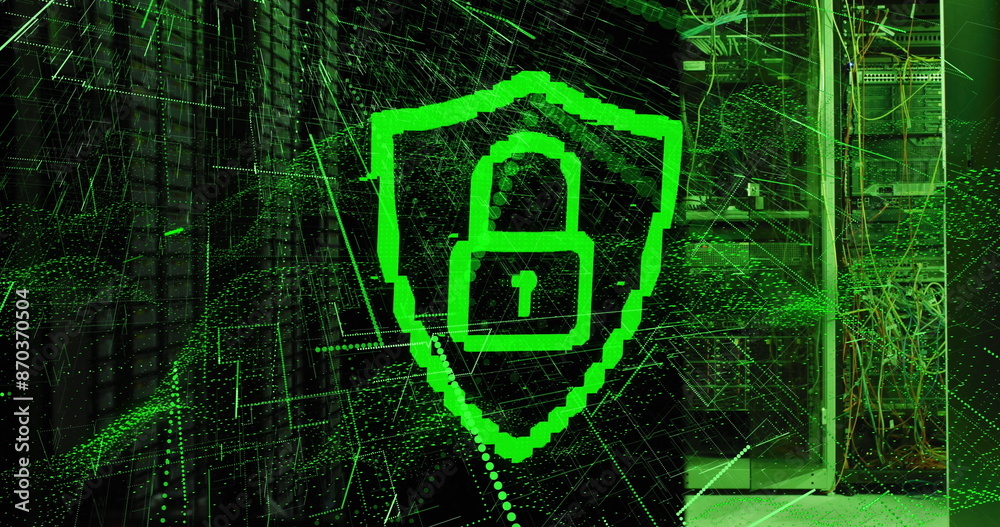 Poster Image of padlock in shield, lines and dynamic waves over illuminated data server systems