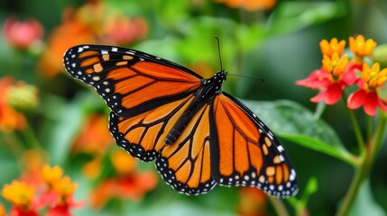 Naklejka premium A monarch butterfly flits from flower to flower, its delicate wings a vibrant display of orange and black patterns.