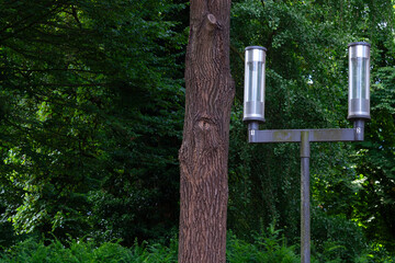 Two cylindrical streetlights, mounted on a metal post in the shaded woodland path.