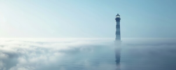 Obraz premium Tranquil lighthouse in misty sea, serene and calm, minimalist landscape. Free copy space for text.