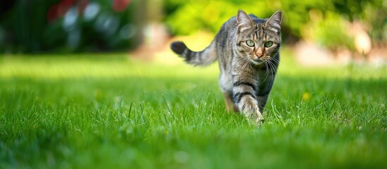 Obraz premium A cat strolling on the green grass with room for a caption in the image. image with copy space
