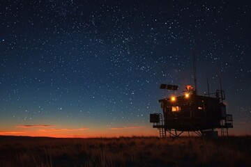Fototapeta premium A high-altitude platform station (HAPS) is shown during a nighttime operation, illuminated by the glow of its onboard lights. The starry sky and the faint outline of the Earth below create a sense of
