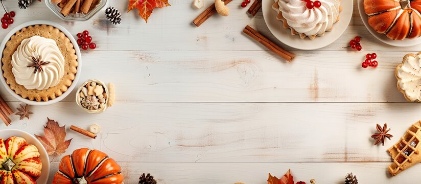 A white wood background hosts a variety of traditional fall desserts in an above view table setting, creating a delightful scene with a side border and space for text or images. image with copy space