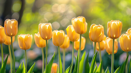 Obraz premium The beginning of spring holidays is illustrated with beautiful yellow tulips, which are perfect for card designs and Christmas wishes.