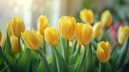 The beginning of spring holidays is illustrated with beautiful yellow tulips, which are perfect for card designs and Christmas wishes.