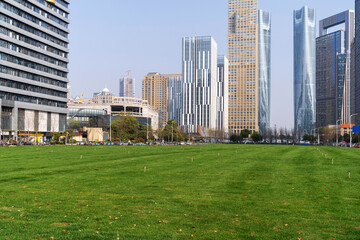 city park with modern building background in shanghai