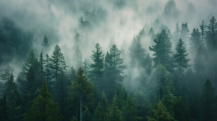 A stunning view of a forest bathed in fog, rising into high mountains. The mystery and charm of this place, where the fog subtly covers the trees.