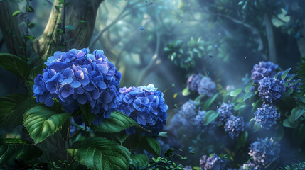 A place where blooming hydrangeas create a picturesque landscape, enriching the surroundings with their delicate petals in various shades of blue.