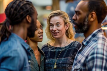 Fototapeta premium A group of people are standing together and one woman is smiling. The group is diverse, with some people wearing plaid shirts and others wearing blue shirts. Scene is friendly and welcoming
