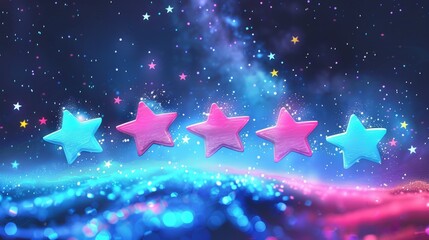 Vibrant Neon Star Rating Concept in Cosmic Background with Sparkling Effect