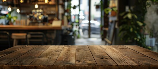 A brown wooden table with an uncluttered surface is the focal point, set against a blurred background of a coffee shop or restaurant, ideal for photomontage or product display with copy space image.