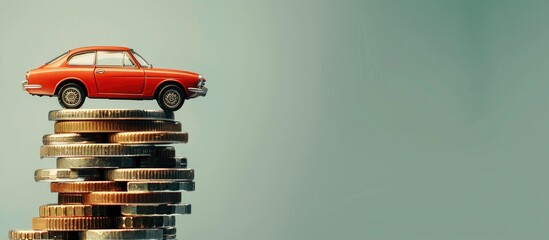 A car model displayed atop a stack of coins, with copy space image available.