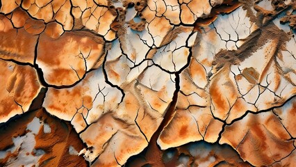 aerial perspective of a salt and clay pan revealing the intricate patterns of its broken surface