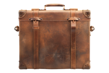 Classic luggage leather suitcase isolated on transparent background