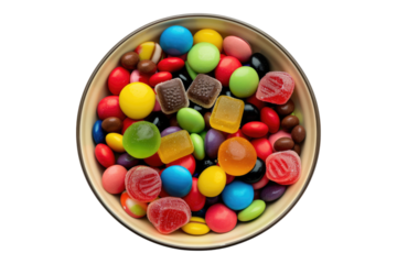 Colorful candies in a bowl isolated on transparent background