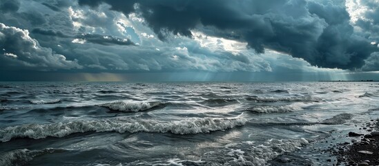 A storm approaching over Lake Erie with dramatic scenery in the background, suitable for a copy space image.