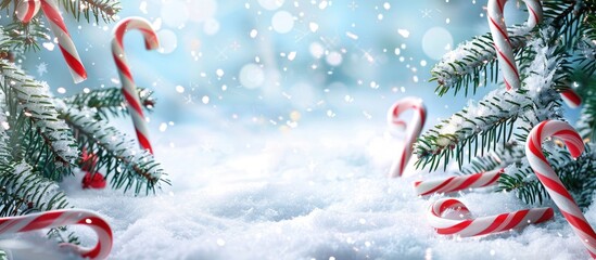 A wintry holiday backdrop featuring fir tree branches, snow, and candy canes, ideal for a copy space image.