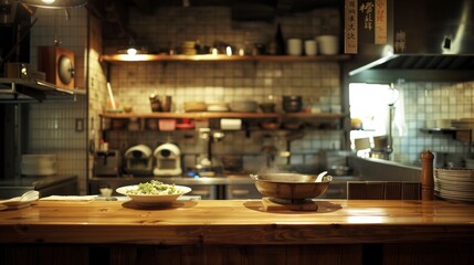 Japanese Ramen Kitchen In A Restaurant, Preparing A Popular Dish