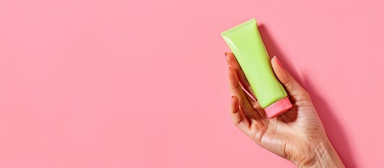 A woman's hand grasping a generic green plastic tube for skincare products against a pink background, ideal for showcasing cosmetic items. image with copy space