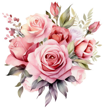 Fiori rosa acquerello  foglie verdi