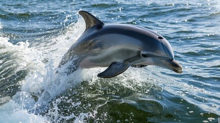 Fototapeta premium A playful dolphin leaps from the ocean's surface, its sleek body arcing gracefully through the air before splashing back into the sea.