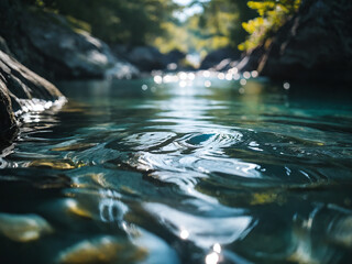Close up of tranquil river water in a mountain valley on a sunny day