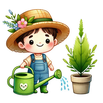 recommend clip art: cute Gardener clipart with a watering can and plant. watercolor. Farmer. Different poses design. preparation to spring. Home hobby, relaxation concept. labor day.
