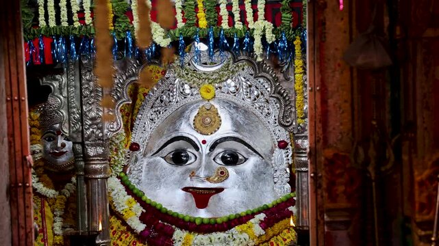 idol of hindu holy goddess at temple from flat angle video is taken at Gadkalika Temple ujjain madhya pradesh india.