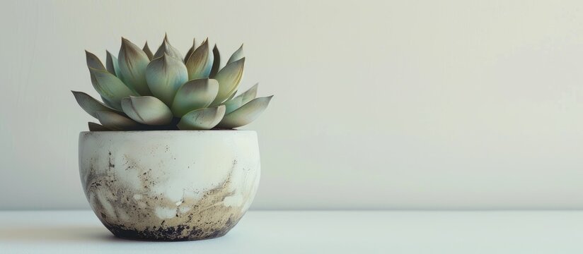 A faux succulent in a decorative pot displayed on a white backdrop with ample copy space for decorating interiors.