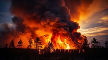 Fototapeta premium Raging forest blaze billowing smoke in fiery sunset sky signaling dangerous intensity