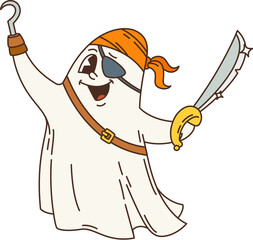 Cartoon retro groovy Halloween pirate ghost character with eye patch, hook, sword and bandana. Vector funny corsair ghost, pirate sailor spirit or filibuster phantom groovy hippie personage