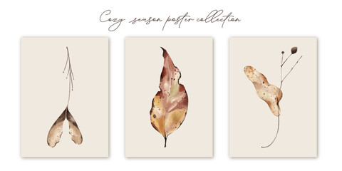 Autumn poster collection. Watercolour dry leaves and branches in brown pastel color palette. Home decor