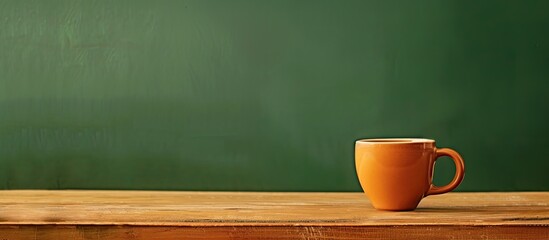A coffee cup sits on a brown wooden surface in the morning against a green background, offering ample copy space for additional elements.