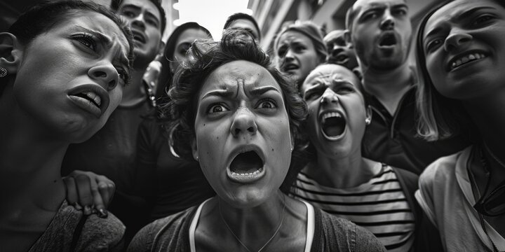A woman with her face turned away from the camera. The rest of the people in the crowd are looking at her
