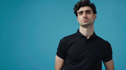 Naklejka premium A man in a sleek black polo shirt, posing on a solid blue background.