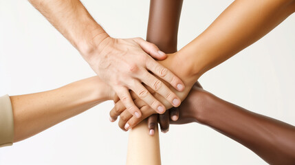 Fototapeta premium Diverse hands united in team spirit and solidarity on white background. Symbol of collaboration and inclusion.
