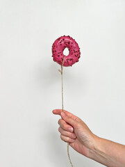 Hand holding doughnut on ribbon