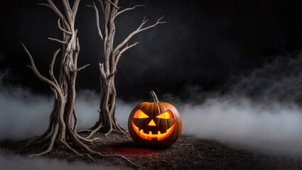 Two dead trees with a single Halloween pumpkin decoration with a smoky effect in the dark background