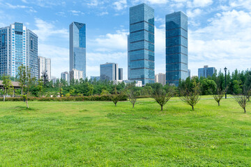 Fototapeta premium city park with modern building background in shanghai
