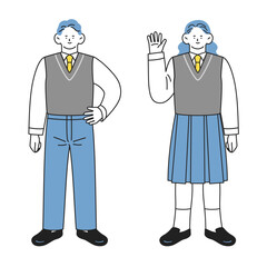 ポジティブな表情でポーズをとる制服姿の男女の学生全身セット