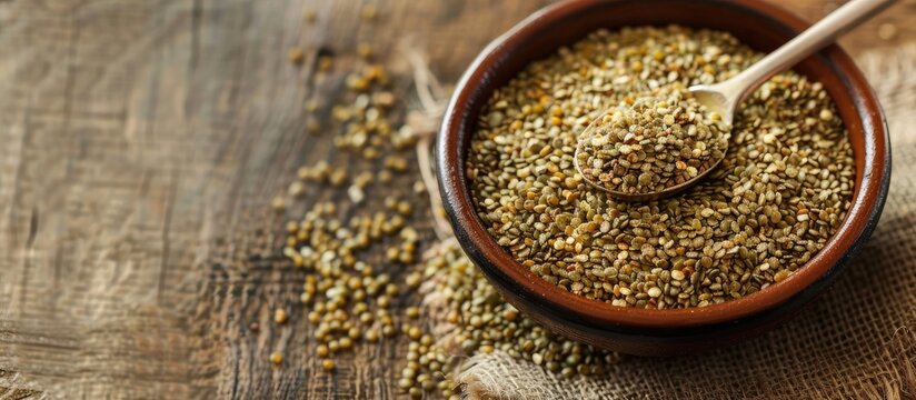 A ceramic bowl with spoon filled with uncooked freekeh or firik on burlap set on a wooden surface, depicting vegan and vegetarian options. Horizontal layout with room for additional text or images.