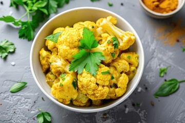 Curry spiced cauliflower stew in white bowl on grey background.